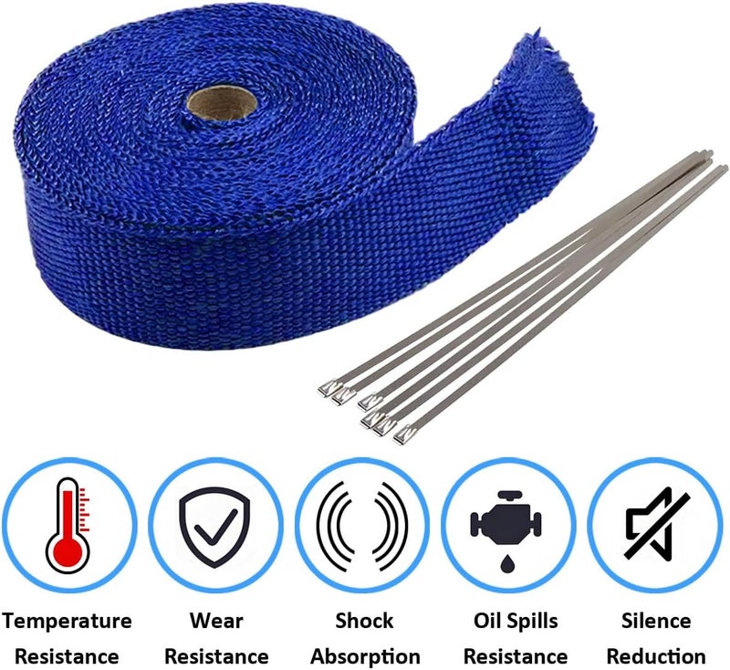 LKRXW Blue Exhaust Heat Wrap 2" x 32 Feet Motorcycle Exhaust Header Pipe Wrap Fiberglass Heat Shield Tape Car Manifold Insulation Thermal Protection with 6pcs Stainless Ties - Image 4